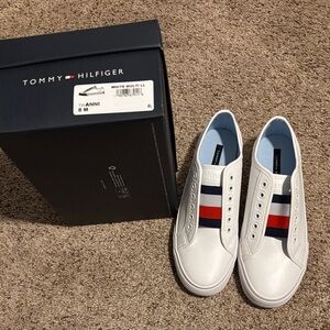 Tommy Hilfiger White Slip-On Sneakers with Red & Navy Stripe